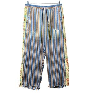 Aratta Silent Journey Striped Floral Wide Leg Tassel Pants Blue Gold Boho Crop